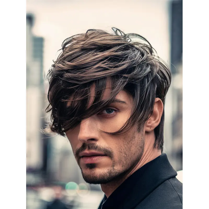 Lace Wig For Men With Bangs Remy Human Hair Wavy 6" Wigs