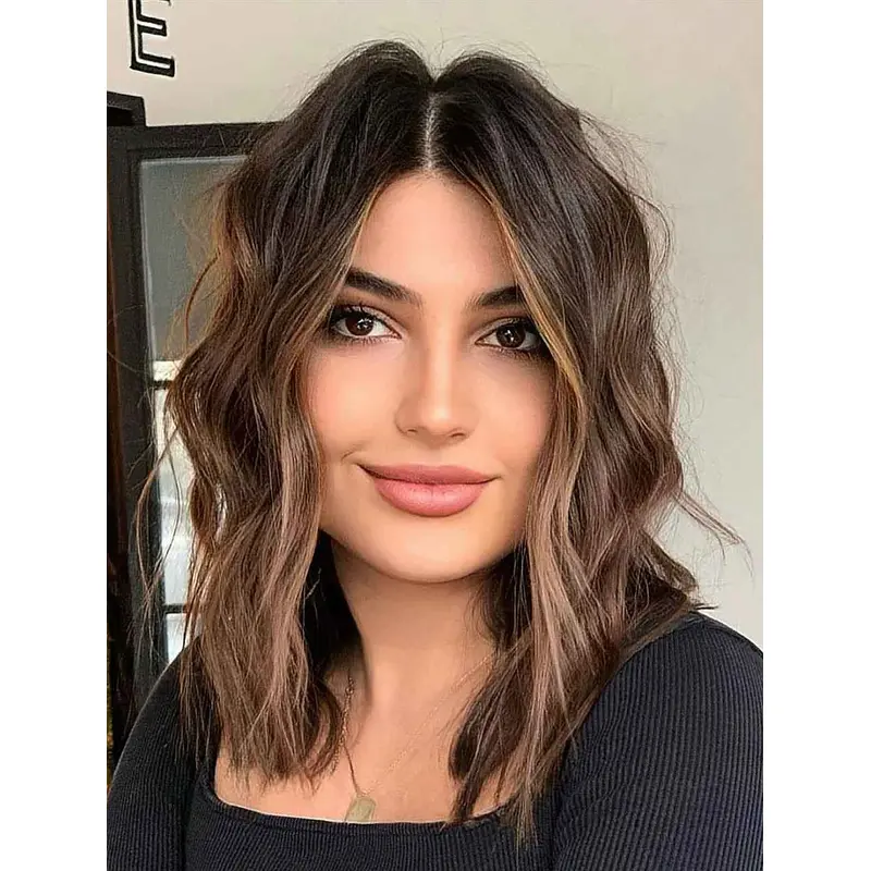 Medium Length Wigs Synthetic Wavy Wigs Lace Front Brown Wigs