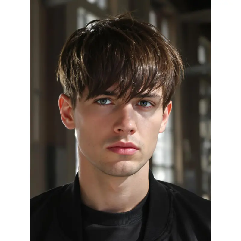 Men Hair Wig Brown Short 6" Straight With Bangs Wigs