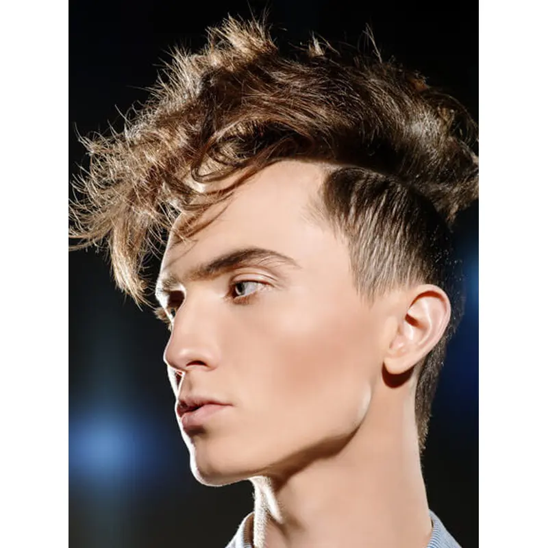 Mens Real Human Hair Wigs Brown Monofilament Short Wavy Wigs