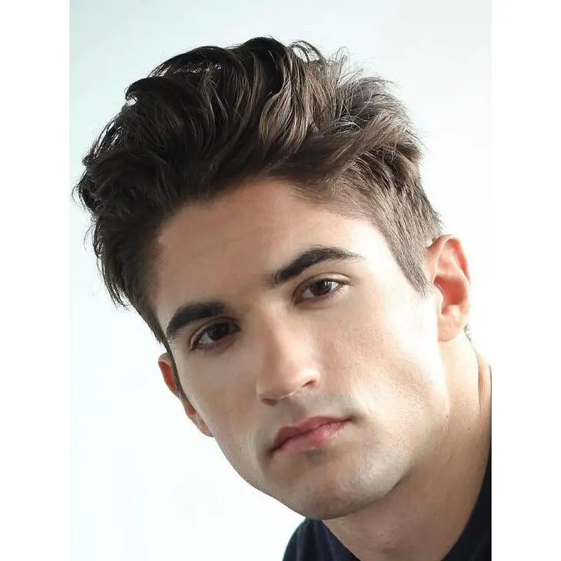 Wavy Capless Remy Human Hair Brown Short Natural Slicked Back Men Wigs For Cool Guys