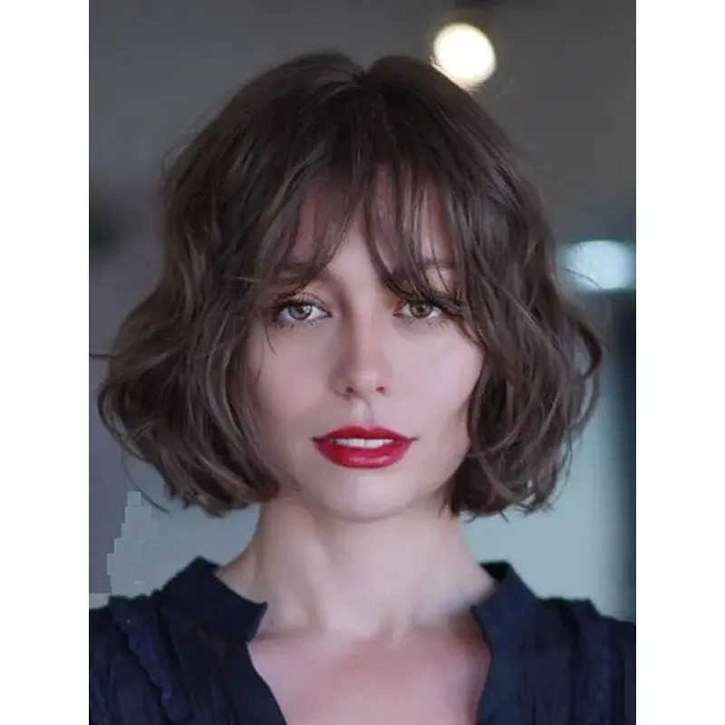 Brown Bob Wig Wavy Synthetic Wigs With Bangs Lace Bob Wigs