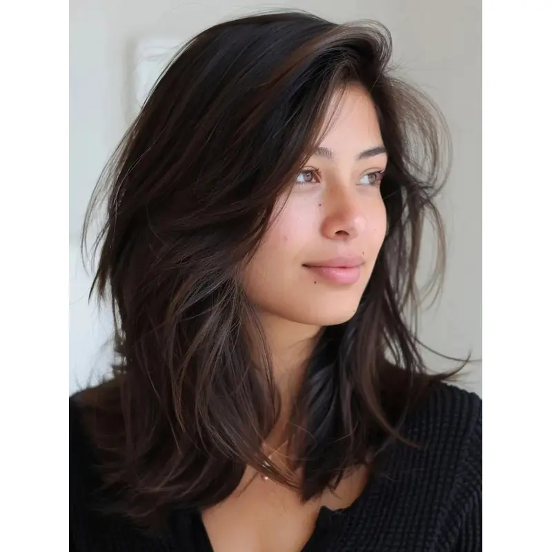 Medium Length Ladies Wigs Layered 14" Brown Lace Front Wigs