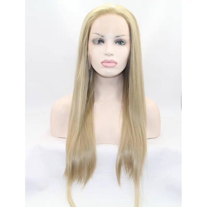 24" Straight Blonde Without Bangs Synthetic Lace Front Long Wigs