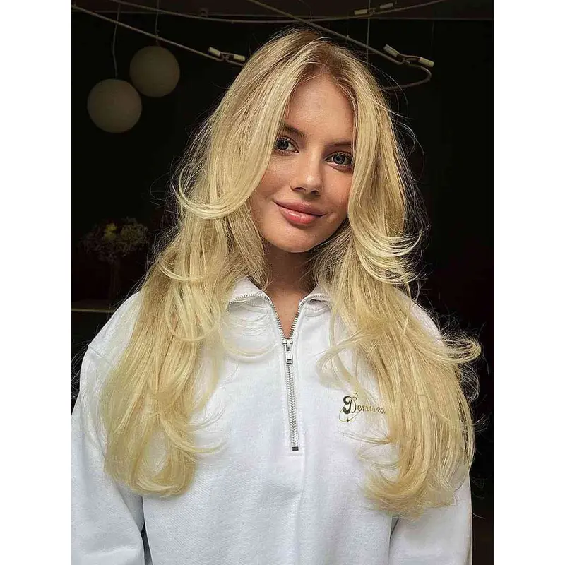 Blonde 18" Monofilament Long Human Hair Wigs With Bangs