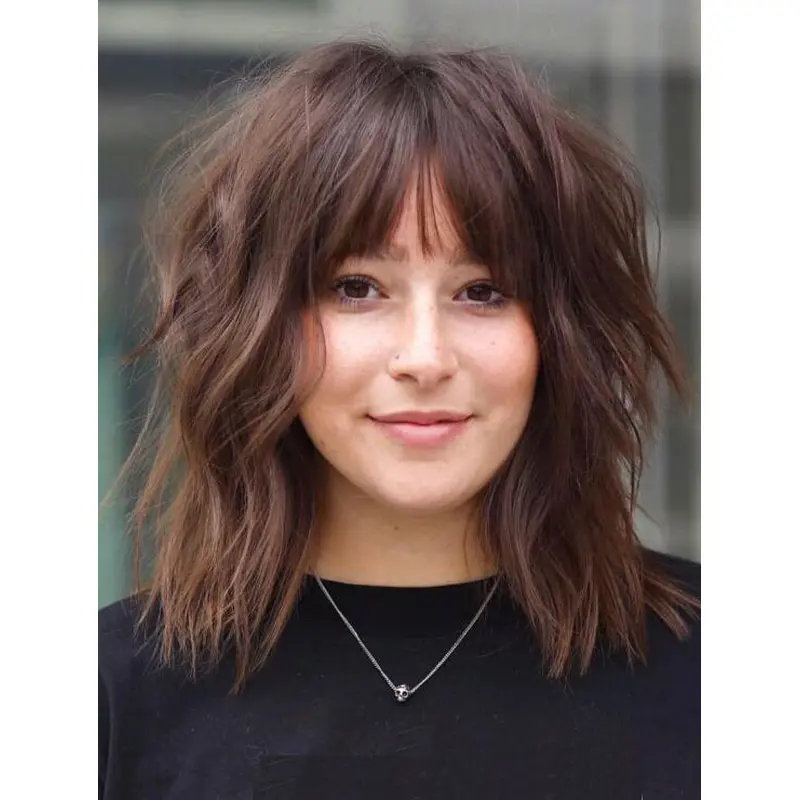 Brown Wigs Synthetic Shoulder Length Wigs Wavy Sassy With Bangs Lace Front Wigs