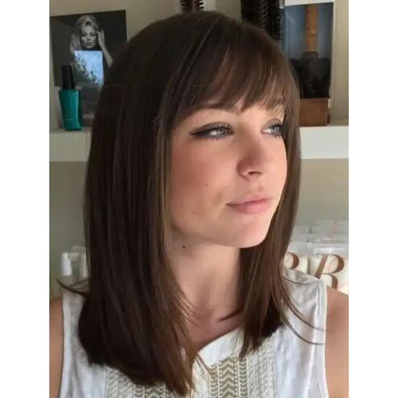 Human Hair Lace Front Wig Brown Straight Medium Length Bangs Wigs