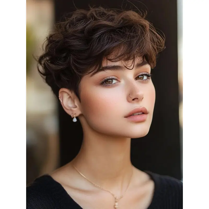 Human Short Hair Wigs 6" Lace Front Boycuts Brown Wavy Wigs