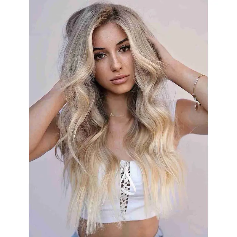 Long Blonde Wigs Lace Front Wavy Without Bangs Wig Synthetic Long Wig