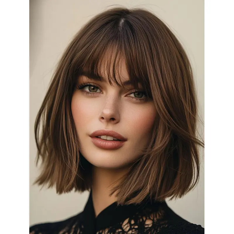 Medium Brown Wig With Bangs Straight Synthetic Monofilament 12" Shoulder Length Wigs