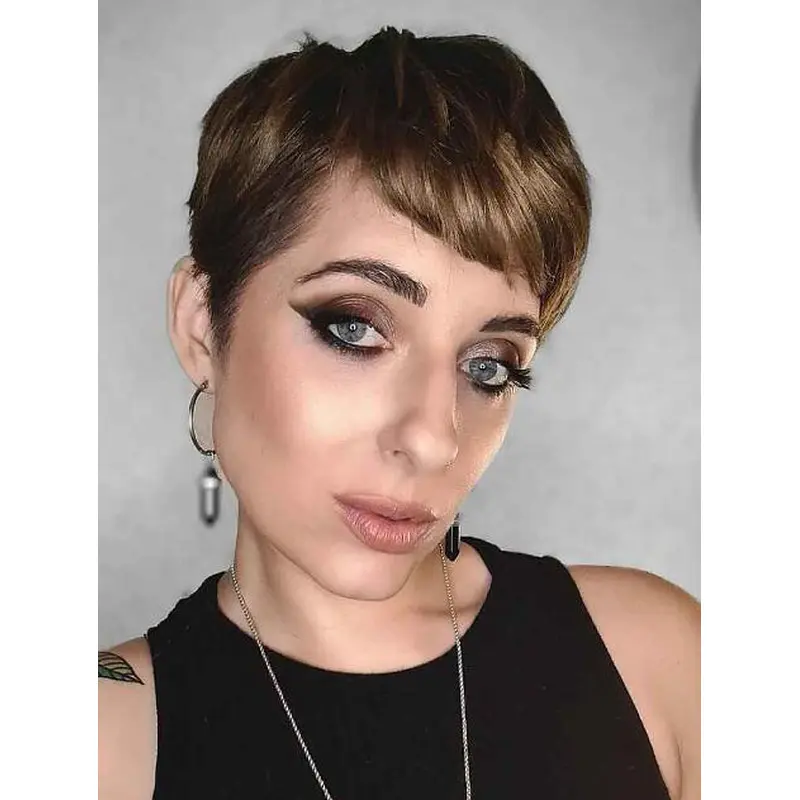 Brown Wig Straight Lace Front Cropped Affordable Boycuts Micro Bangs Wigs