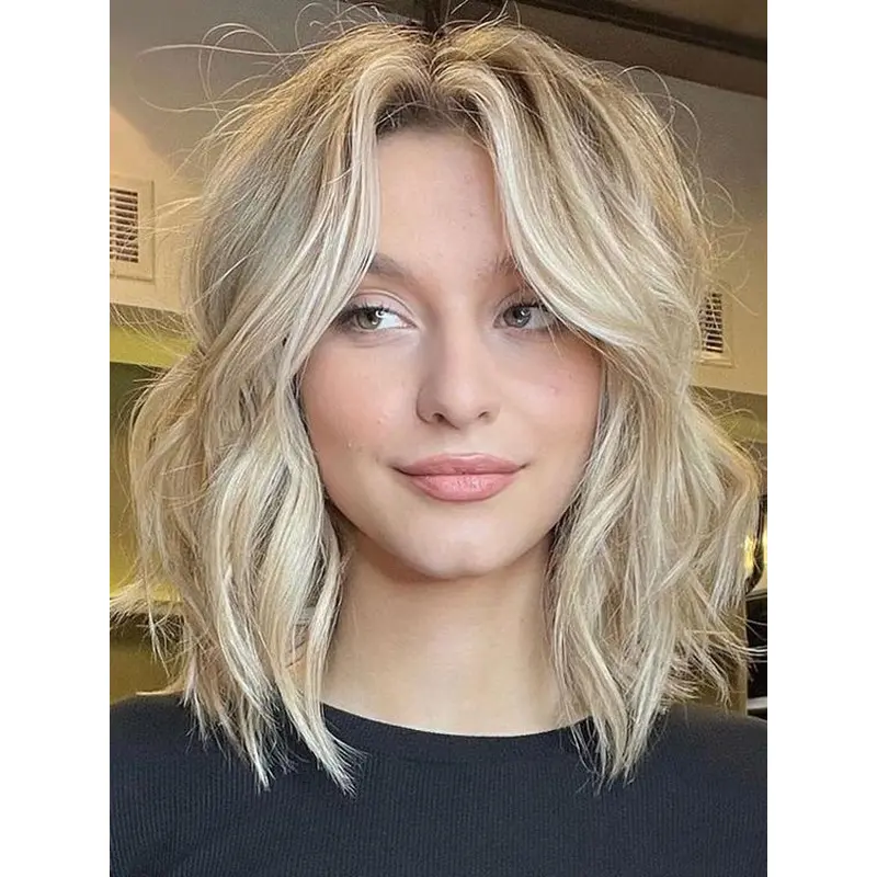 Human Hair Long Bob Wig Blonde 12" With Bangs Monofilament Wigs