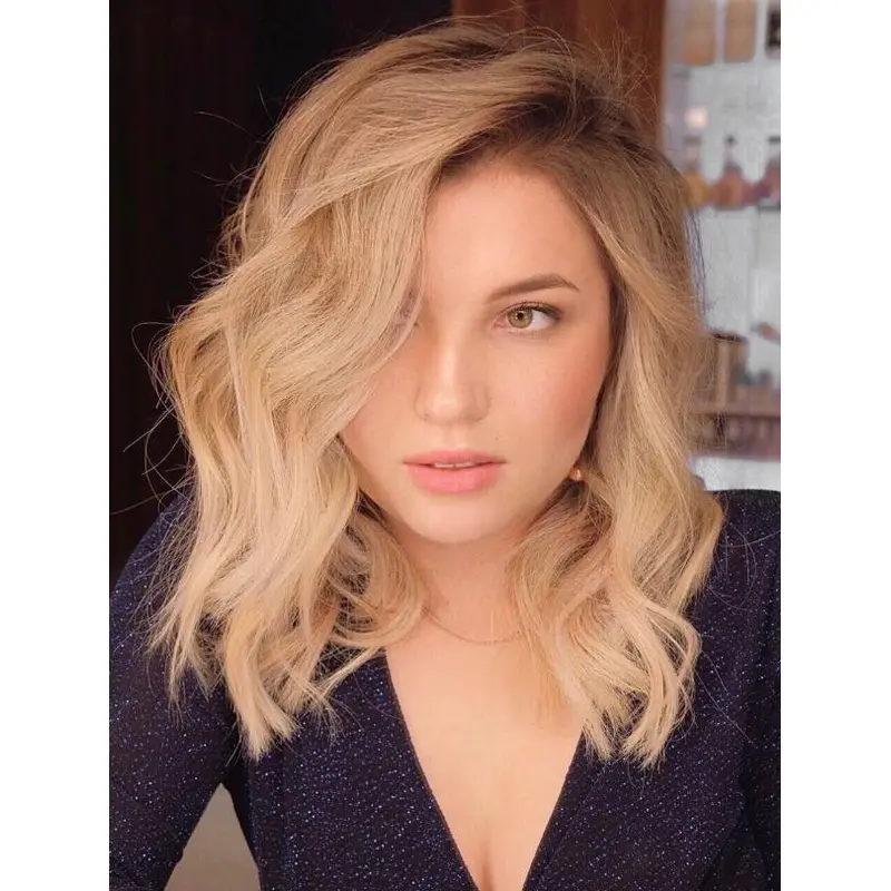 Ladies Wigs Blonde Bobs Wavy Lace Front Shoulder Length Side Part Wigs