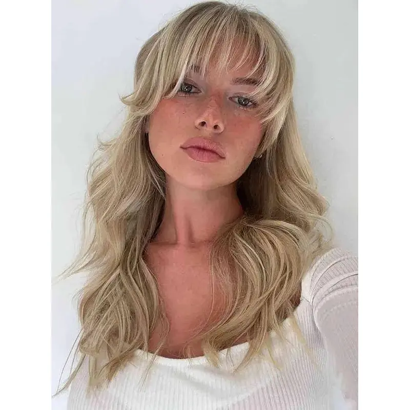 Long Wigs With Bangs Human Hair 18" Monofilament Wavy Wigs