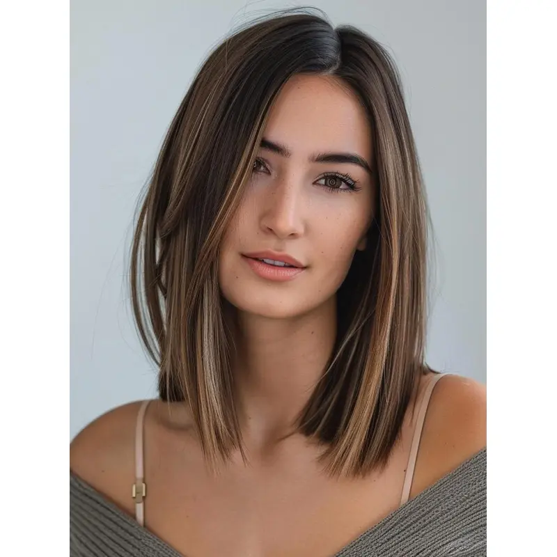 Real Hair Long Bob Wigs Brown 14" Layered Lace Front Wigs