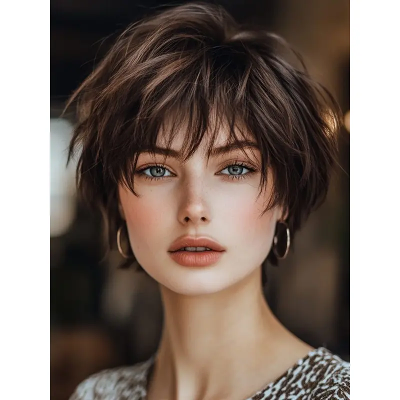 Short Wigs With Bangs Synthetic Lace Front 8" Brown Straight Wigs