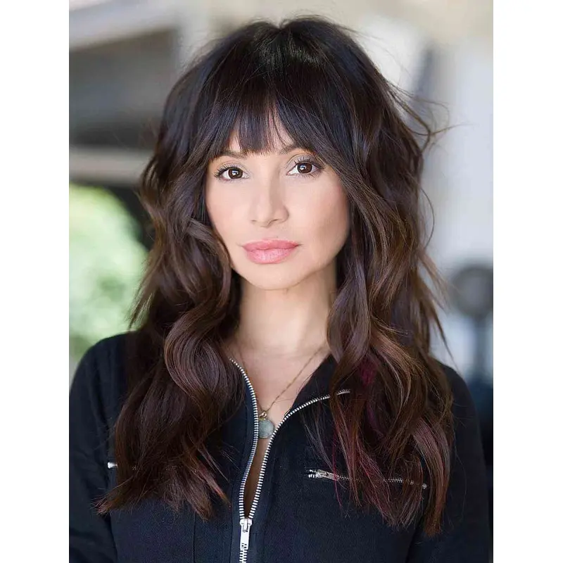 Long Brown Wigs Wavy Lace Front Wigs With Bangs Long Layered Wigs
