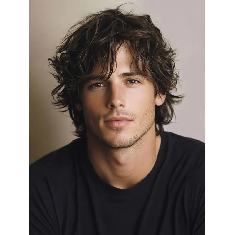 Male Wigs Real Hair 8" Wavy Lace Front With Bangs Wigs