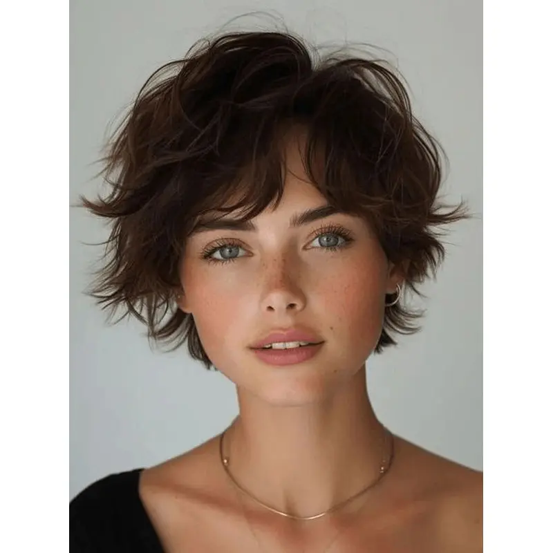 Short Brown Hair Wig Synthetic Wavy Layered Wigs