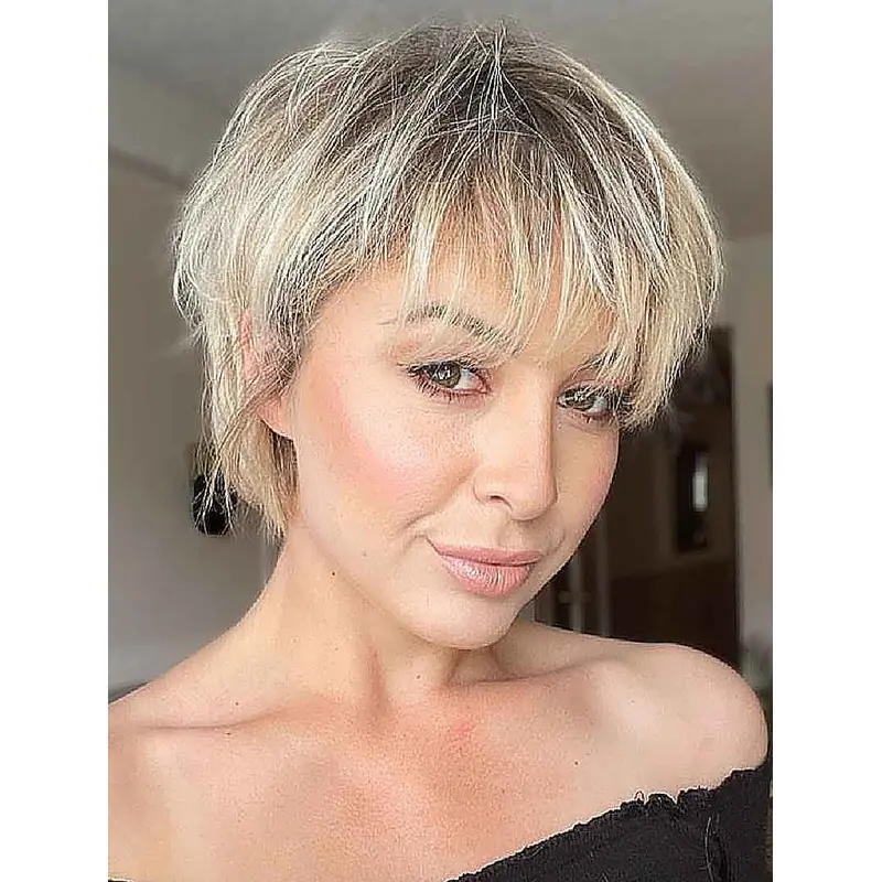 Short Wavy Wigs Boycuts Lace Front Short Wigs Wispy Bangs Wigs Short Blonde Wig