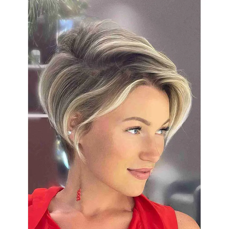 Short Wigs Synthetic Boycuts Perfect Short Wavy Wigs Balayage Wigs Short Blonde Wig