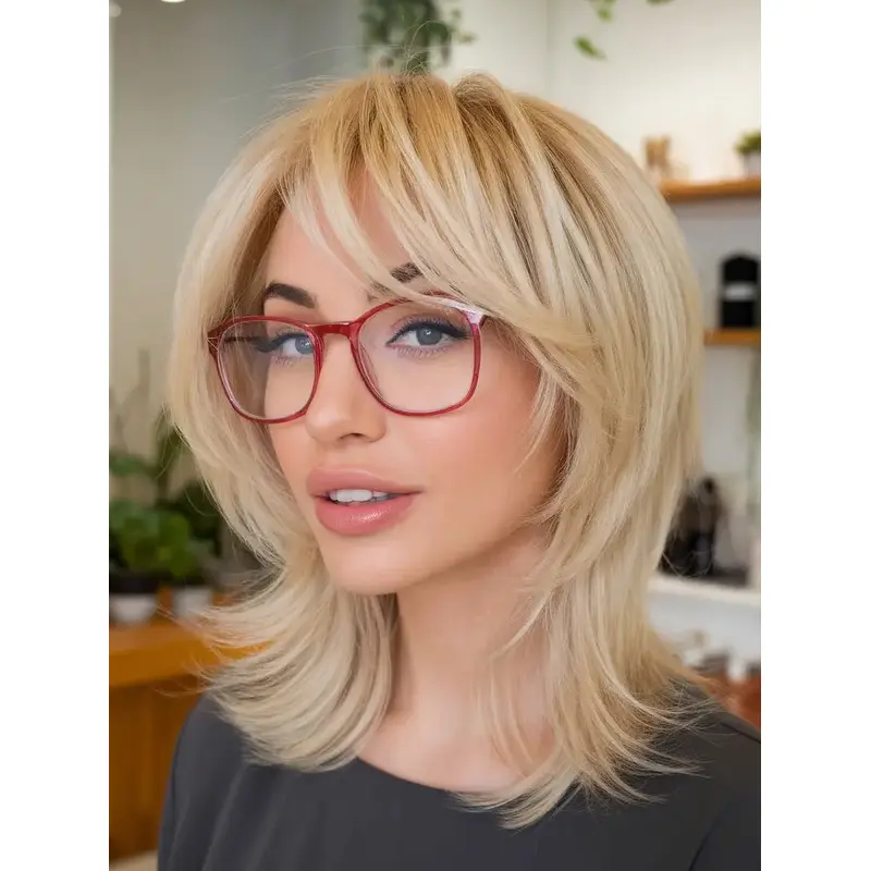 Straight Medium Hair With Layers 14" Blonde Monofilament Shoulder Length Wigs