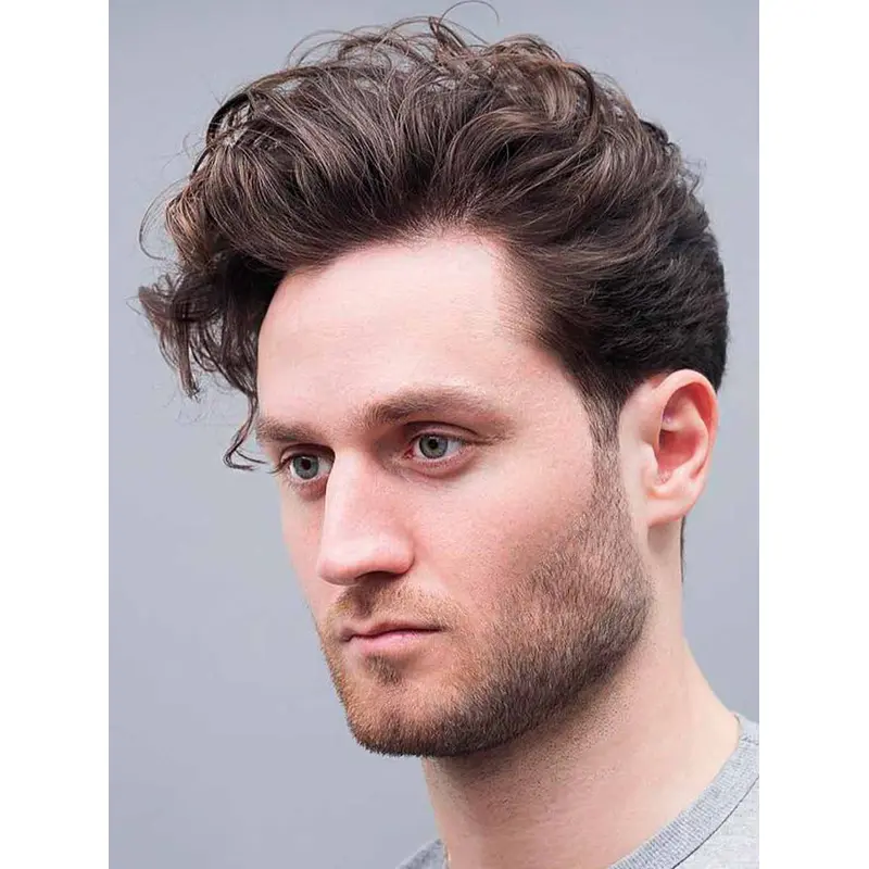 Human Hair Wigs Mens Brown Monofilament Short Wavy Wigs
