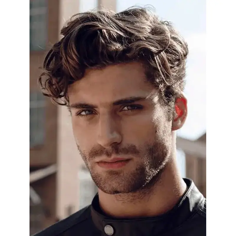 Mens Short Hair Wigs With Bangs Brown Curly 6" With Bangs Wigs