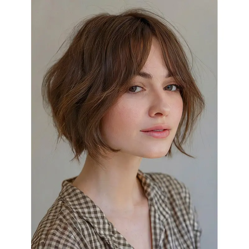 Short Wavy Bob Wig 8" Monofilament Layered Remy Human Hair Wigs