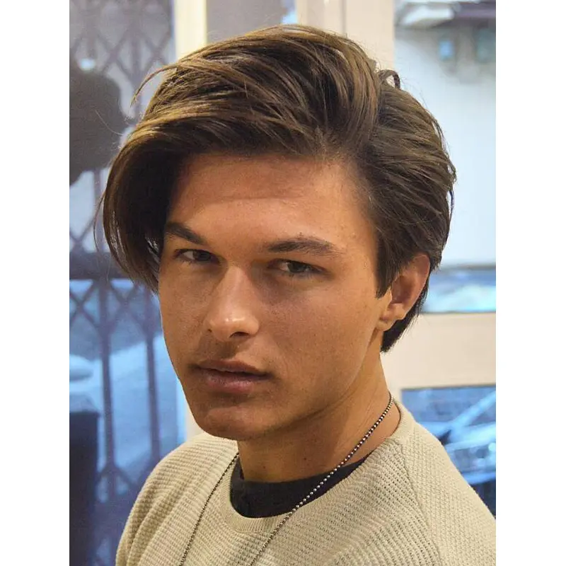 Straight Capless Remy Human Hair Brown Medium Length Stylish Men's Wigs