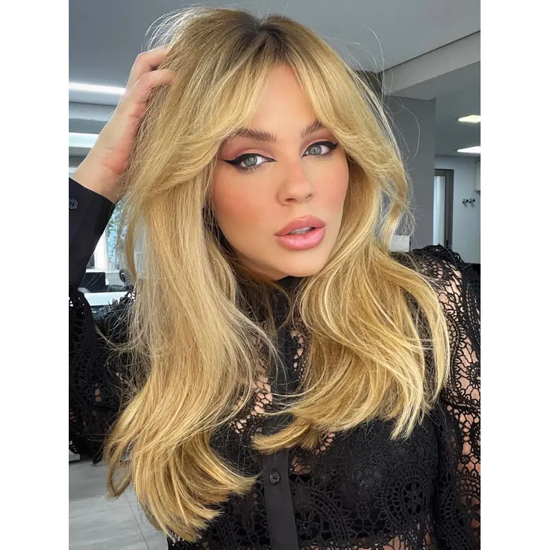 Long Hair With Bangs Wig Synthetic 16" Wavy Lace Front Wigs