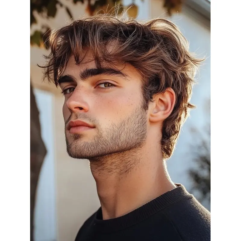 Men's Human Hair Wigs Brown Wavy Short Monofilament Wigs