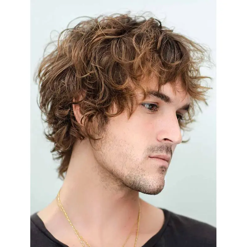 Monofilament Blonde Wavy Remy Human Hair Medium Layered Men Wigs