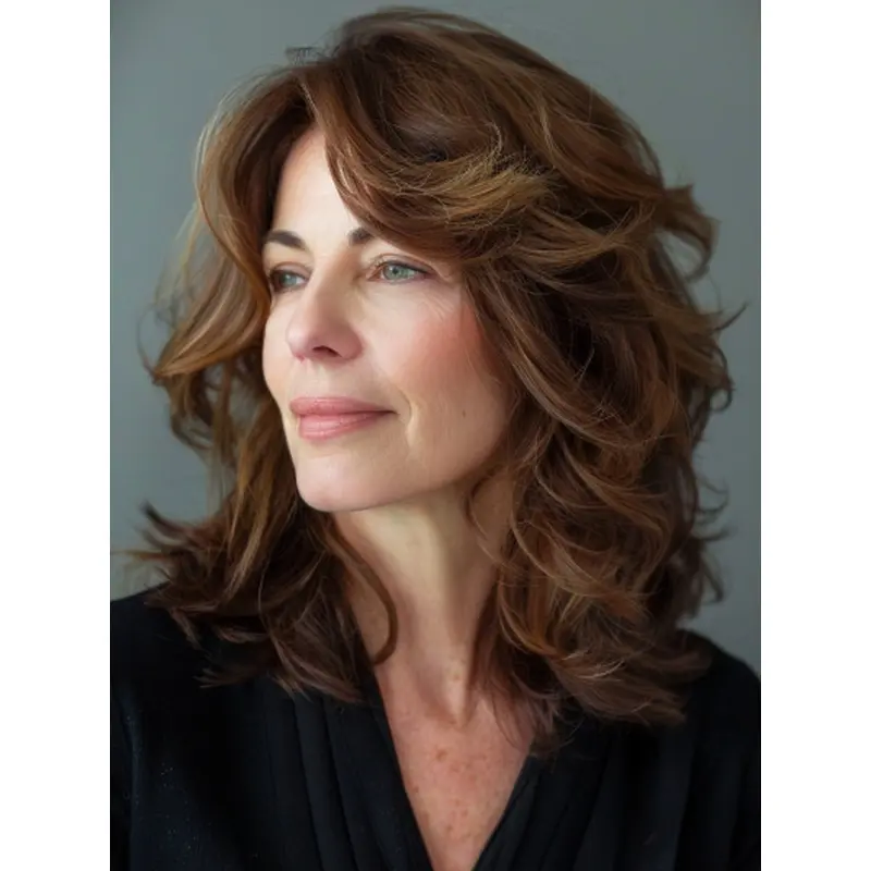 Natural Human Hair Medium Brown Monofilament 14" Wavy Layered Wigs