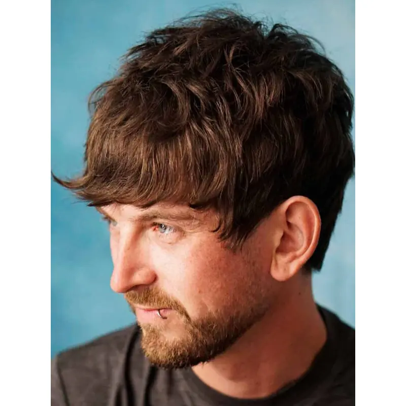 Wigs For Men 4" Cropped Wavy Monofilament With Bangs Wigs