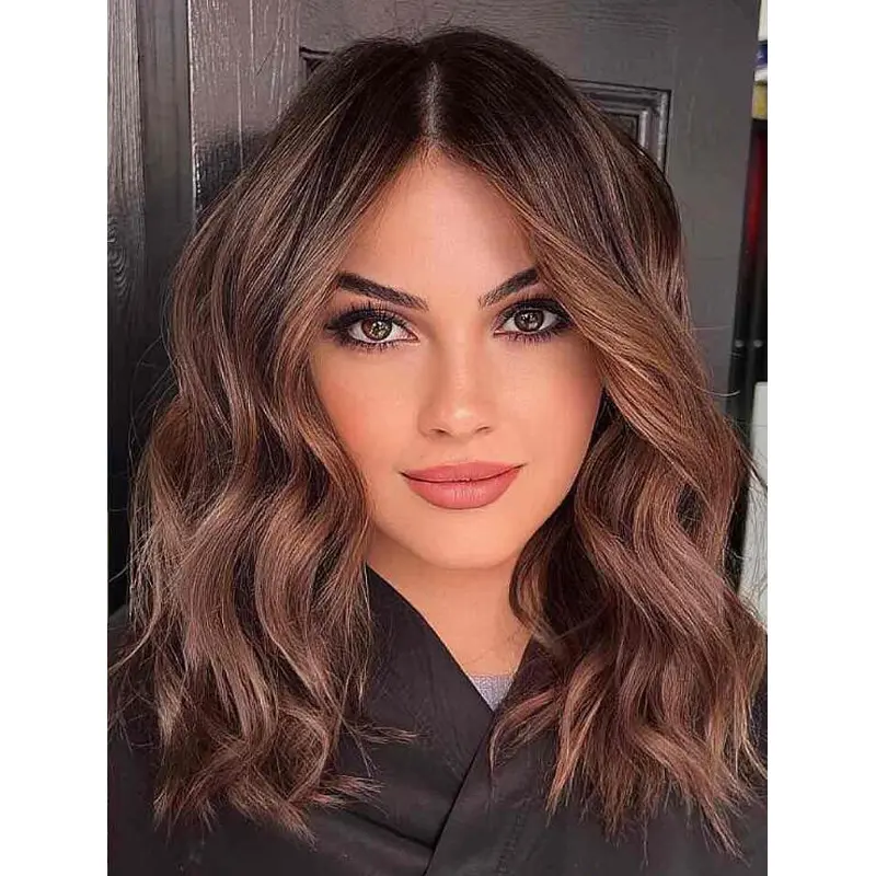 Wigs Medium Length Brown Wavy Lace Front Middle Part Bob Wigs