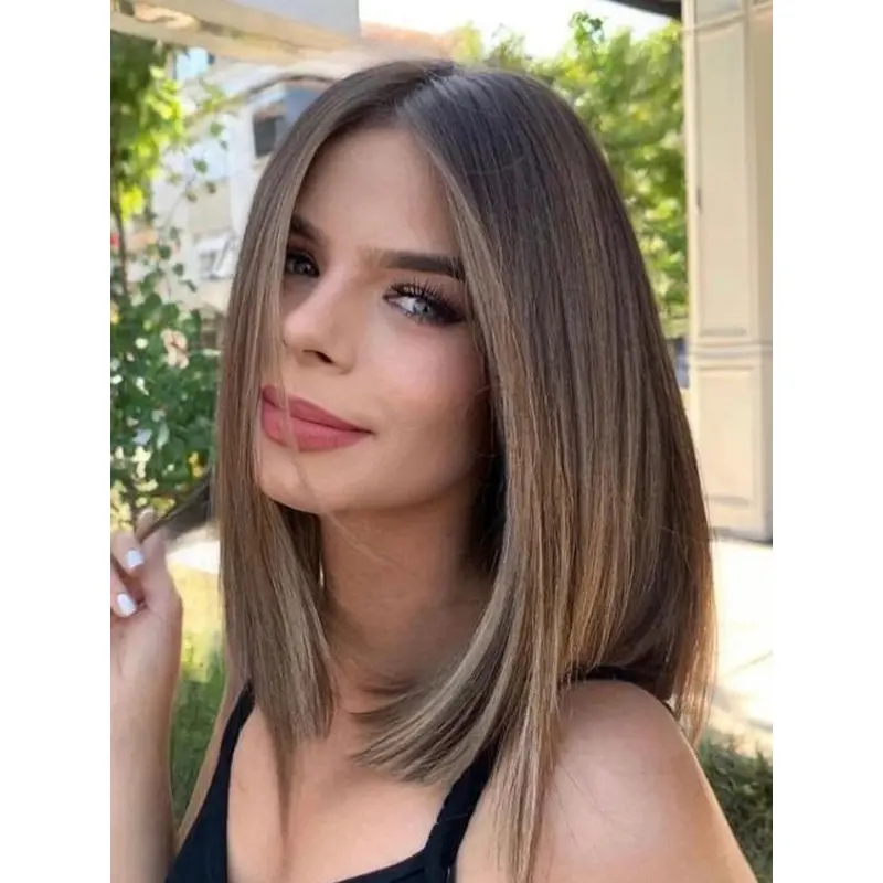 Medium Length Straight Wig Synthetic Without Bangs Monofilament 14" Brown Wigs