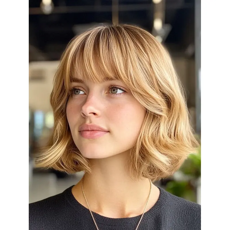 Medium Length Wig With Bangs Blonde Remy Human Hair Wavy 12" Monofilament Wigs