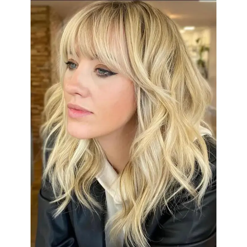 Realistic Wig Blonde Synthetic Lace Front Wavy Wispy Bangs Wigs