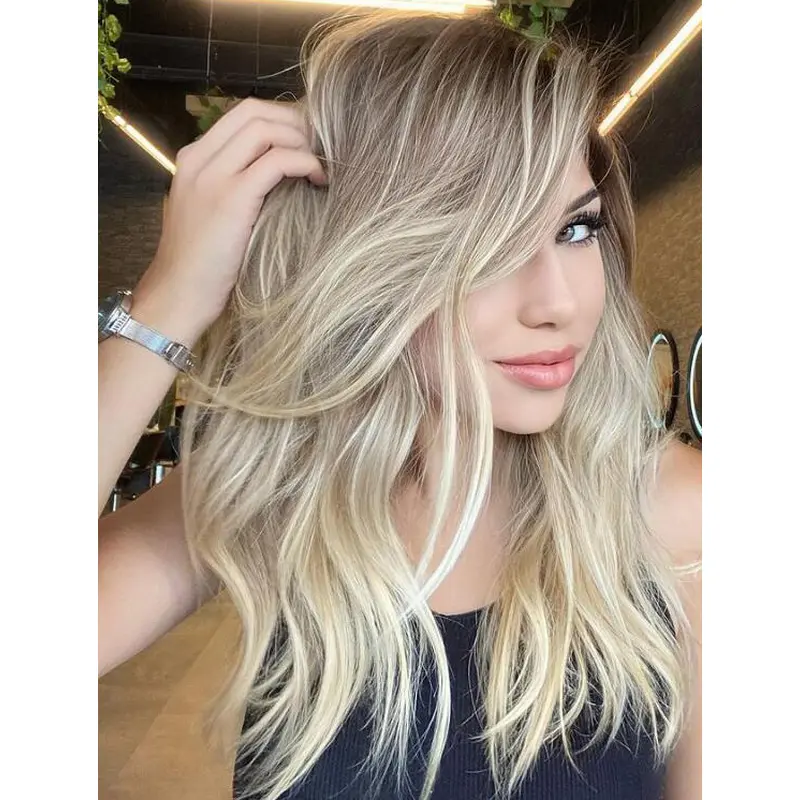 Long Hair Wigs That Look Real Without Bangs Wigs Wavy Synthetic Lace Wigs