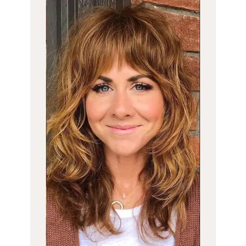 Long Wavy Wig Lace Front Synthetic Blonde Layered Shag With Bangs Wigs