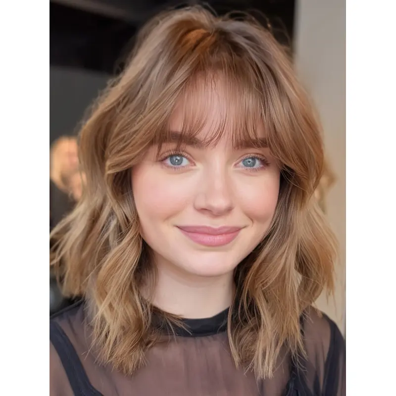 Medium Hairstyles Human Wigs Monofilament 12" Wavy With Bangs Wigs