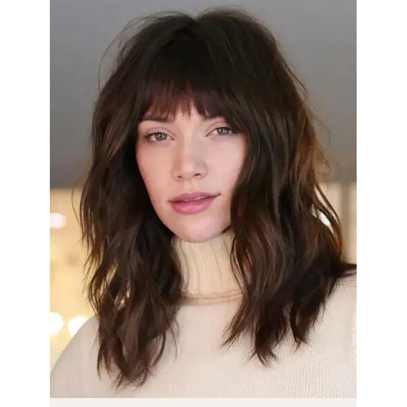 Real Human Hair Wigs Lace Wig Brown Wavy Lace Front Soft French Inspired Shag Wigs