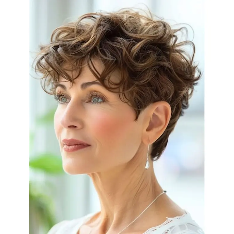 Short Brown Curly Wig Boycuts 4" Monofilament Wigs