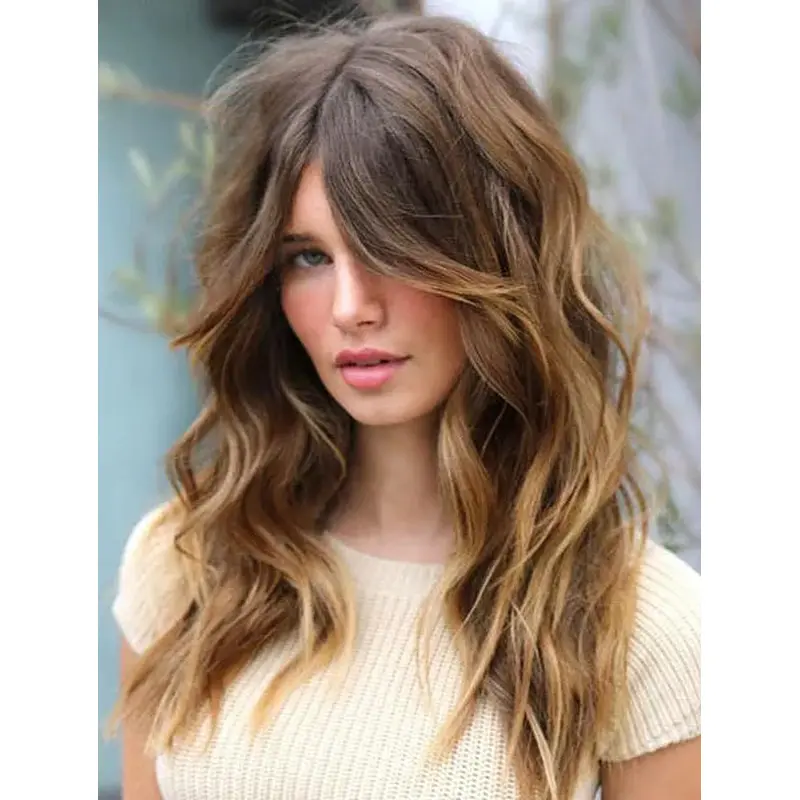 Wigs Blonde Long Synthetic Wavy Layered Lace Wig Curtain Bangs Long Wigs