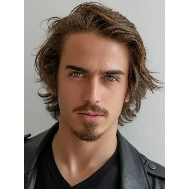 Wigs For Mens Wavy Chin Length 10" Brown Remy Human Hair Wigs