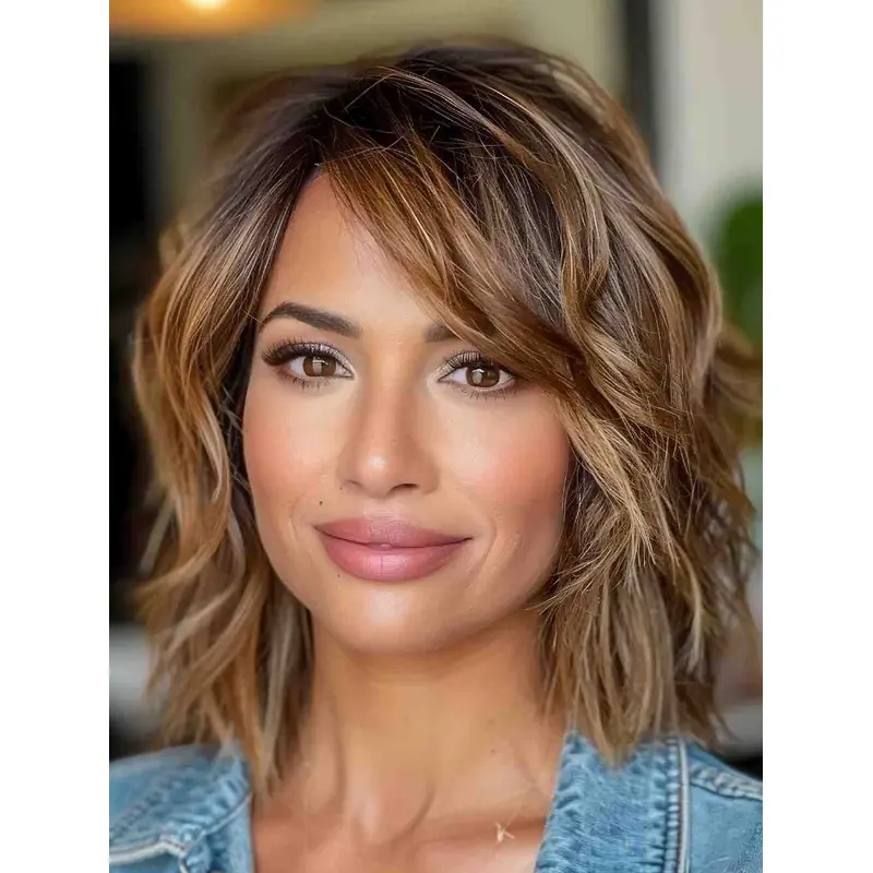 Wigs Medium Length Wavy Monofilament Bobs 12" Remy Human Hair Brown Wigs