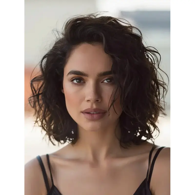 Brown Curly Medium Wig Remy Human Hair Bobs Lace Front 12" Shoulder Length Wigs