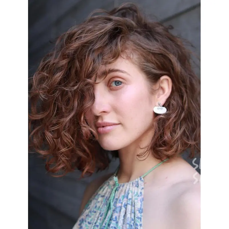 Brown Curly Wig Shoulder Length Lace Front Wig Side Parted Bob Wigs