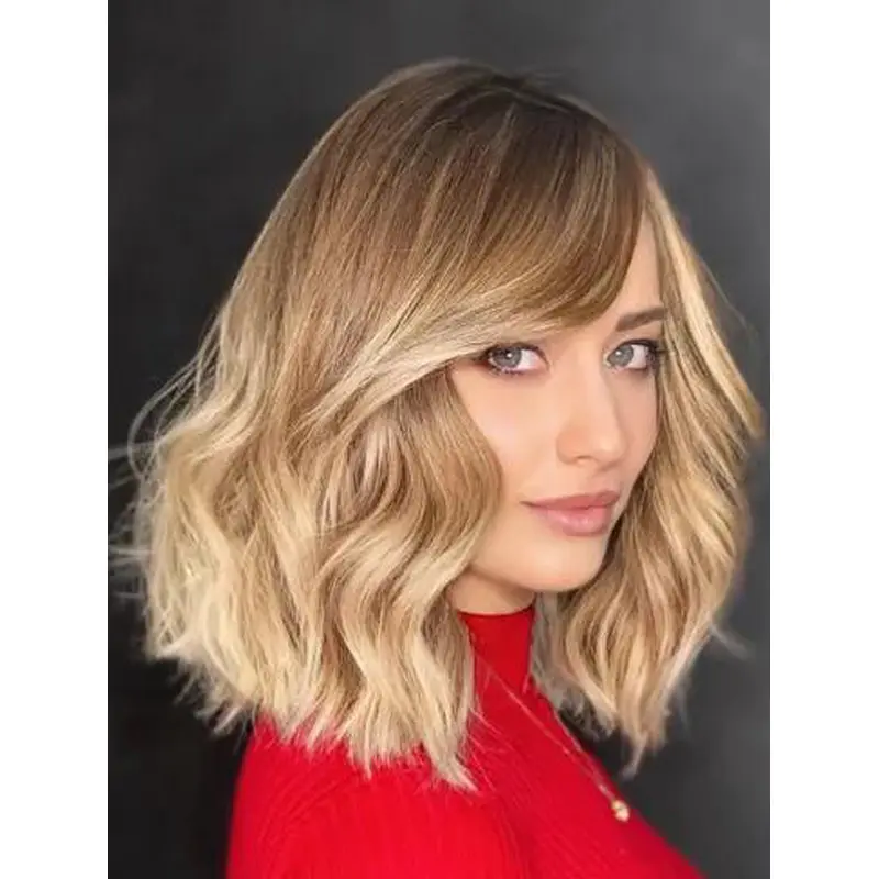 Long Blonde Wigs Lace Front Wavy Shoulder Length Side Bangs Wigs